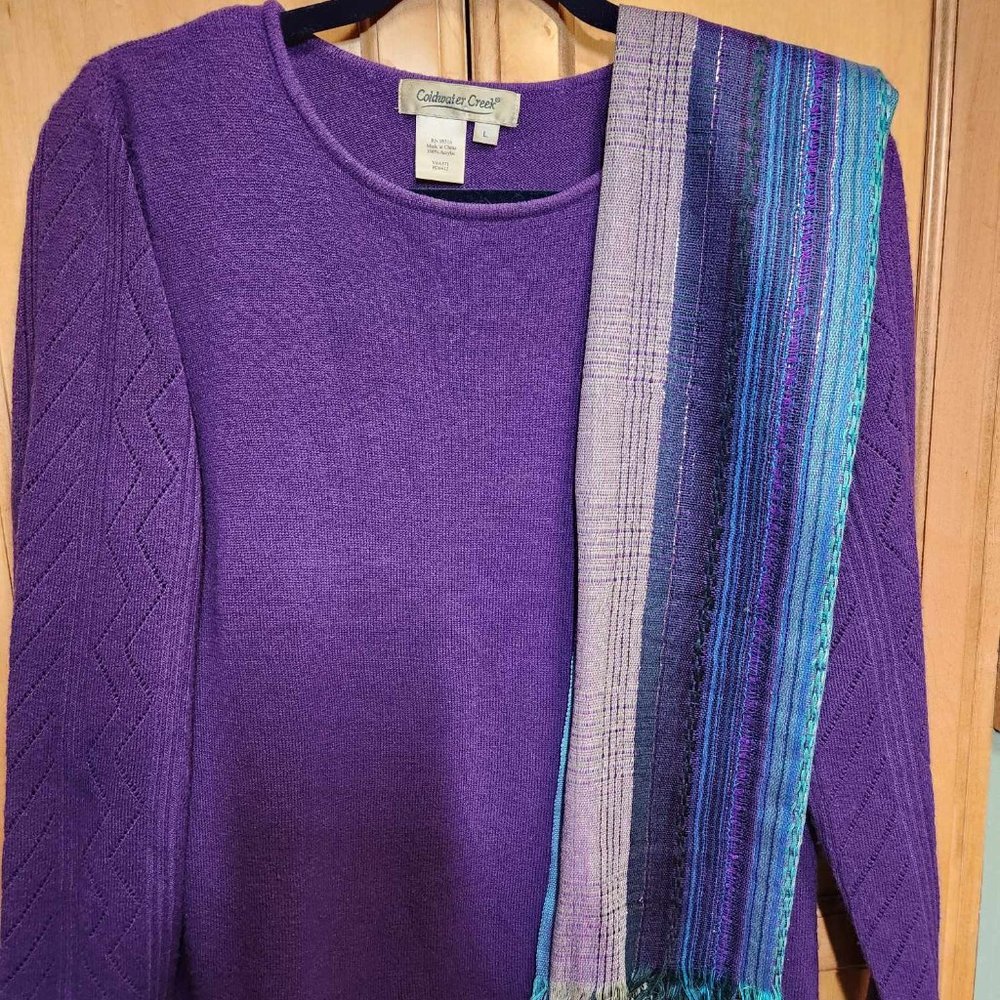 Coldwater Creek Purple Sweater w sleeve detail & multi color coordinating scarf